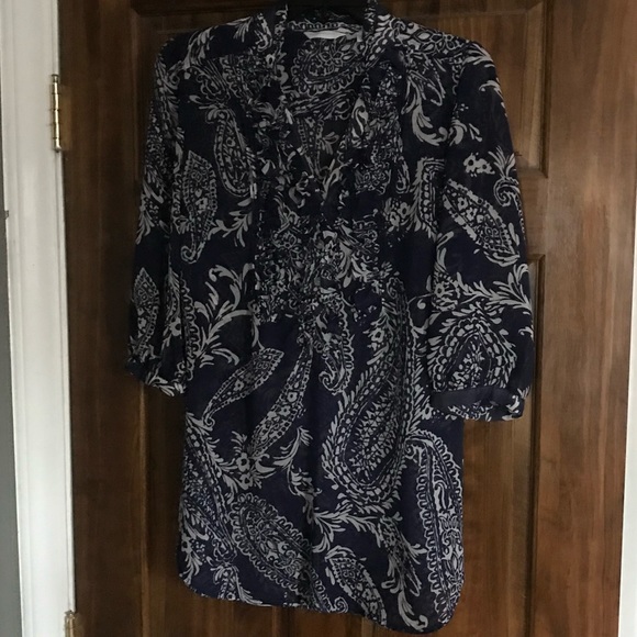 Express Navy and White sheer ruffled blouse - Picture 1 of 4
